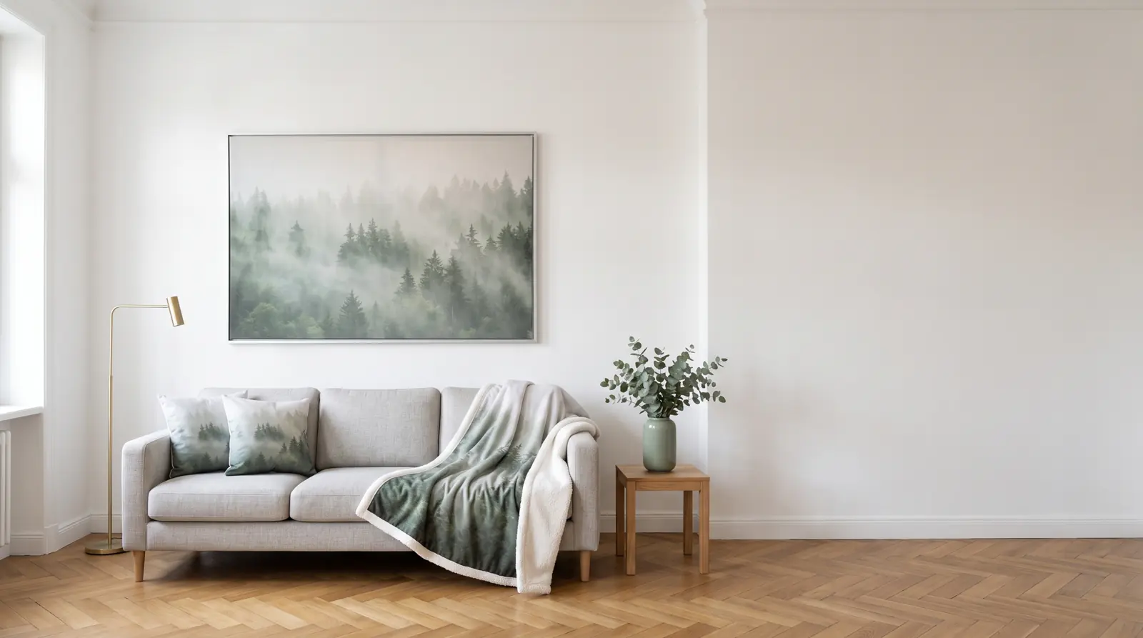 Wohnzimmer mit Stoffbild im Alurahmen über dem Sofa, Kissen und Kuscheldecke mit passendem Motiv