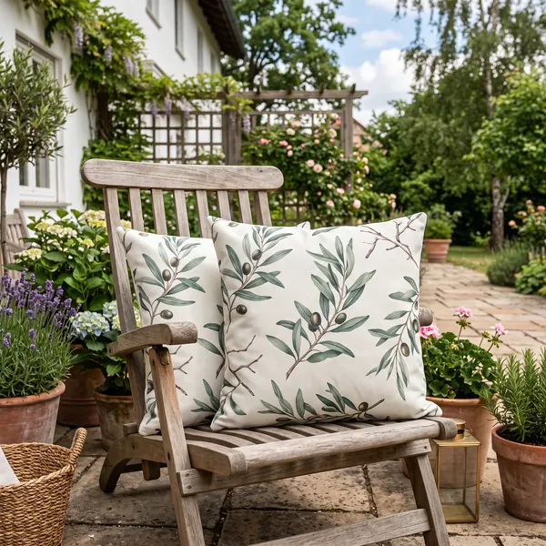 Outdoor-Kissen mit Olivenzweig-Fotodruck auf einem Teak-Gartenstuhl