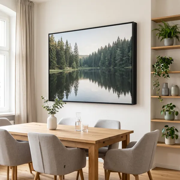 Akustikbild mit Waldsee-Motiv im Besprechungsraum, Stoff über tiefem schwarzem Rahmen