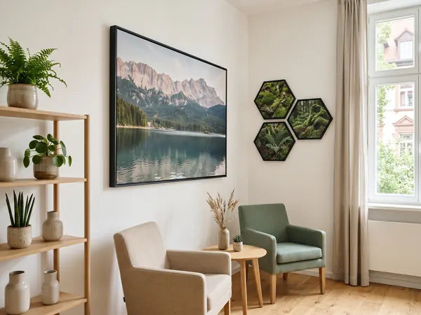 Wartezimmer mit großem Akustikbild einer Berglandschaft und Akustik-Hexagonen mit Pflanzenmotiven