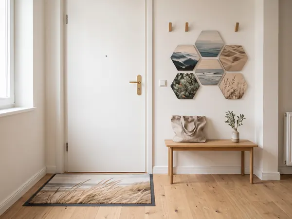 Flur mit Fußmatte mit Dünengras-Foto vor der Wohnungstür und Hexagon-Fotobildern an der Wand