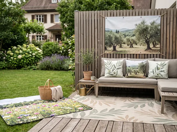 Terrasse mit Gartenposter am Holzzaun, Outdoor-Kissen, Outdoor-Teppich und Picknickdecke