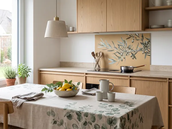 Helle Küche mit bedruckter Küchenrückwand mit Olivenzweigen und Tischdecke mit Eukalyptusdruck