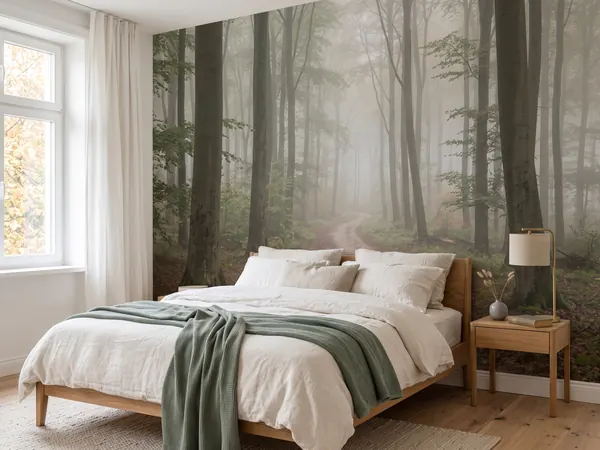 Ruhiges Schlafzimmer mit Fototapete eines nebligen Buchenwaldes hinter dem Bett
