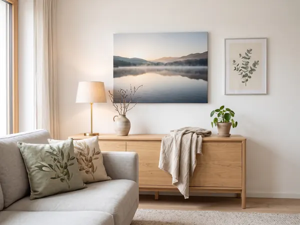 Wohnzimmer mit Leinwandbild eines Sees im Morgennebel, Stoffbild mit Eukalyptus und bedruckten Kissen auf dem Sofa