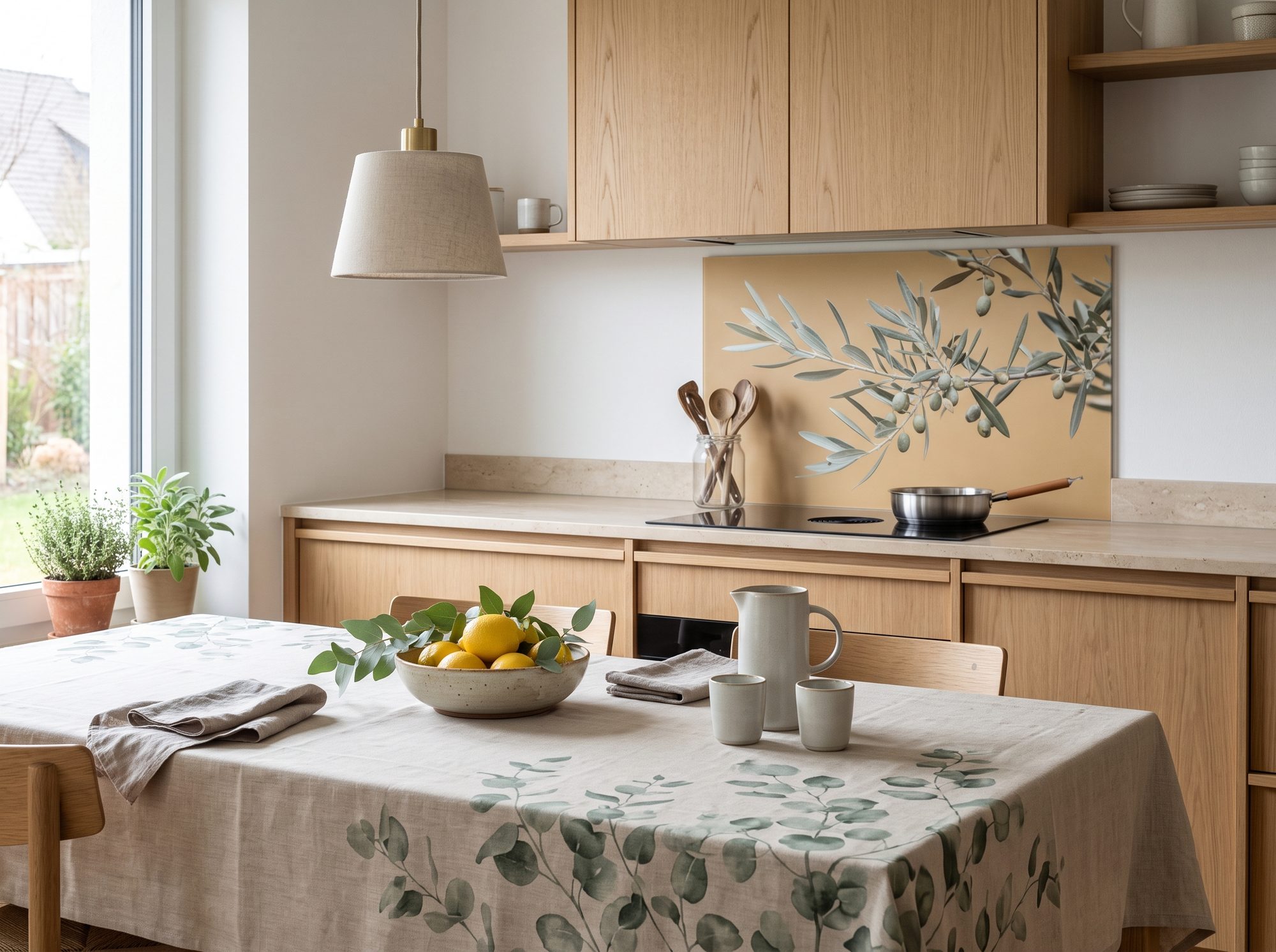 Helle Küche mit bedruckter Küchenrückwand mit Olivenzweigen und Tischdecke mit Eukalyptusdruck