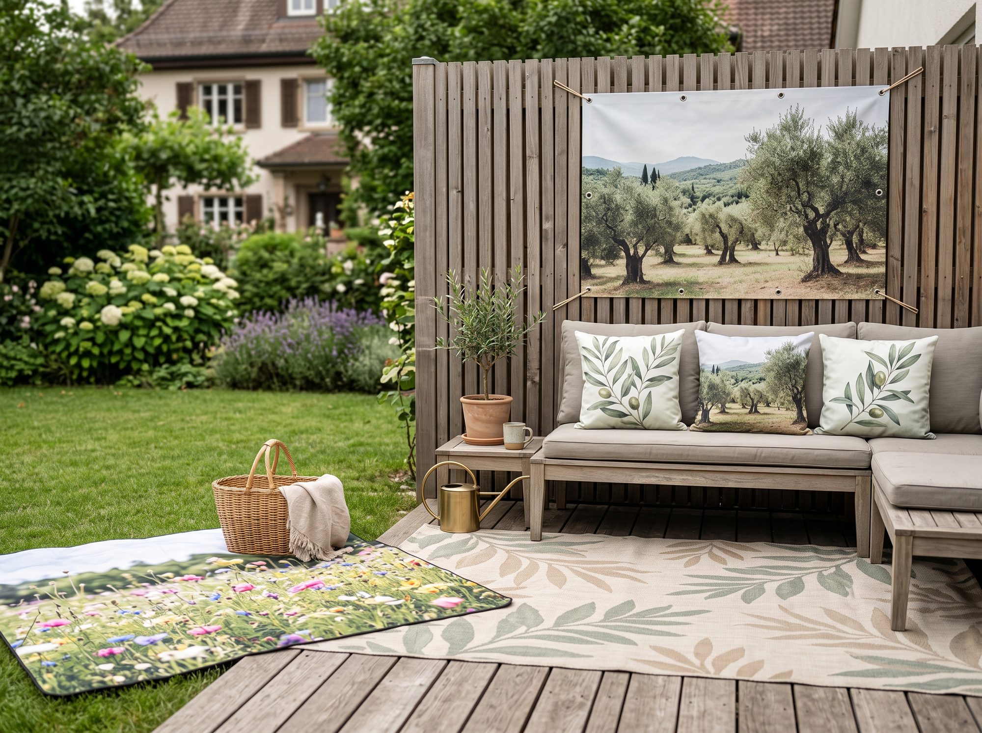 Terrasse mit Gartenposter am Holzzaun, Outdoor-Kissen, Outdoor-Teppich und Picknickdecke