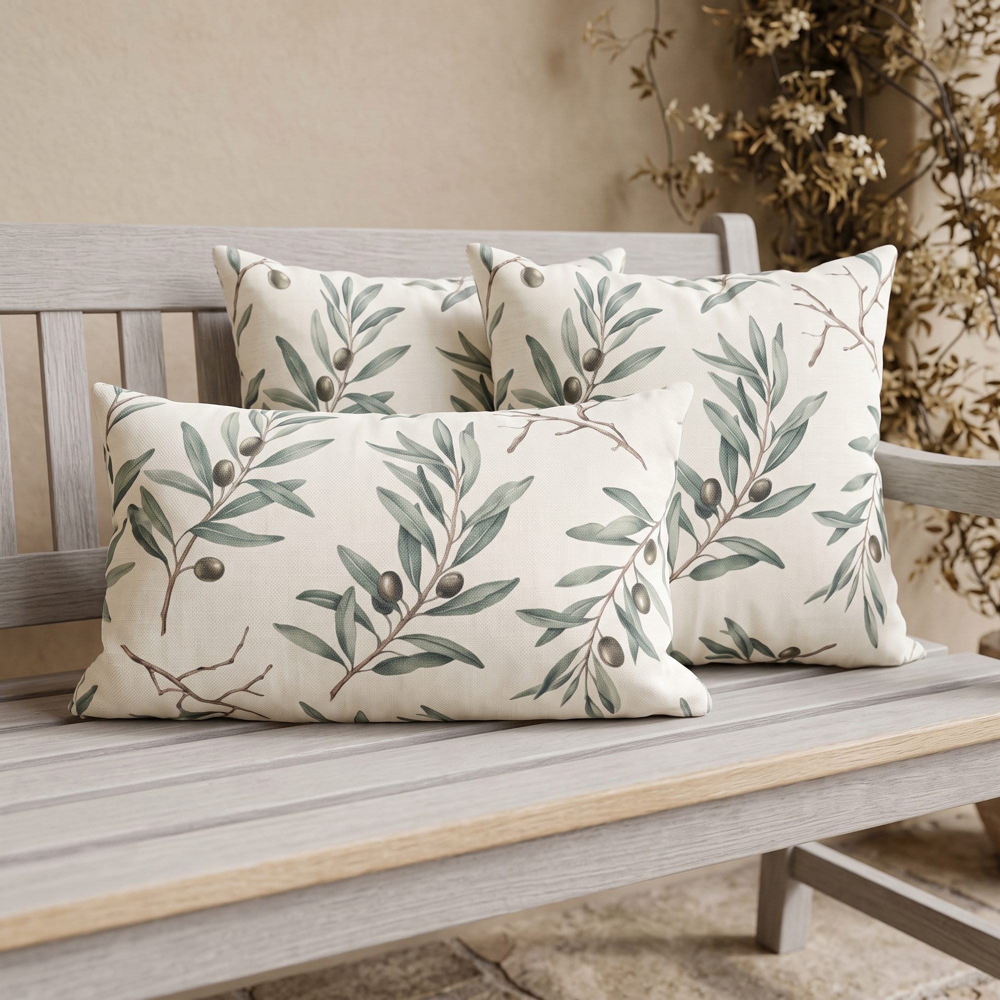Drei Outdoor-Kissen mit Olivenmotiv auf einer Gartenbank