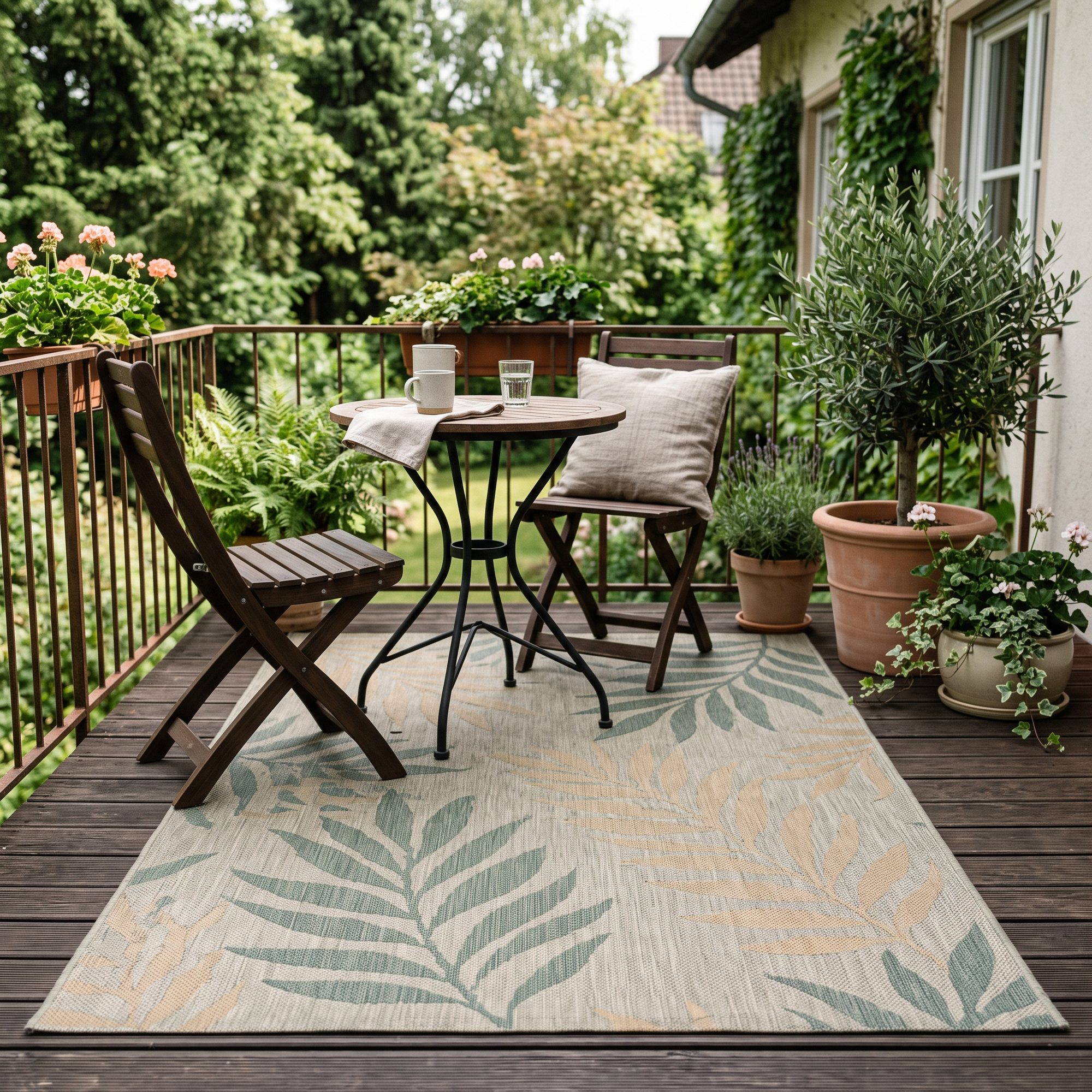Outdoor-Teppich mit Blattmuster auf einem Balkon mit Bistrotisch