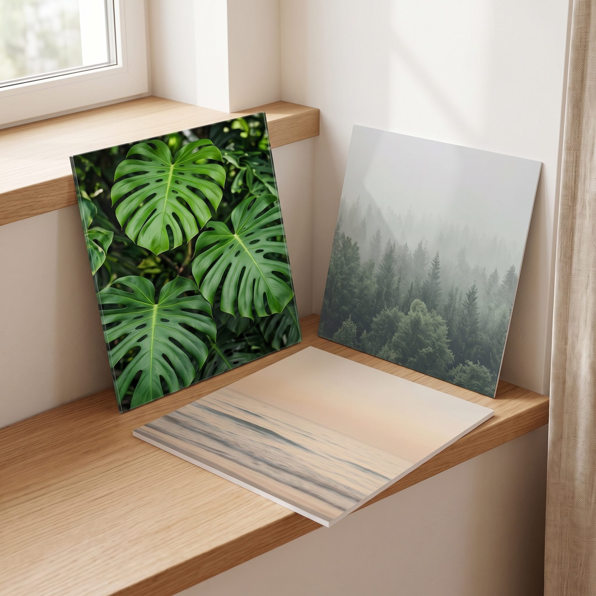 Drei Wandbilder aus Acrylglas, Forex und Alu-Dibond an einer hellen Wand