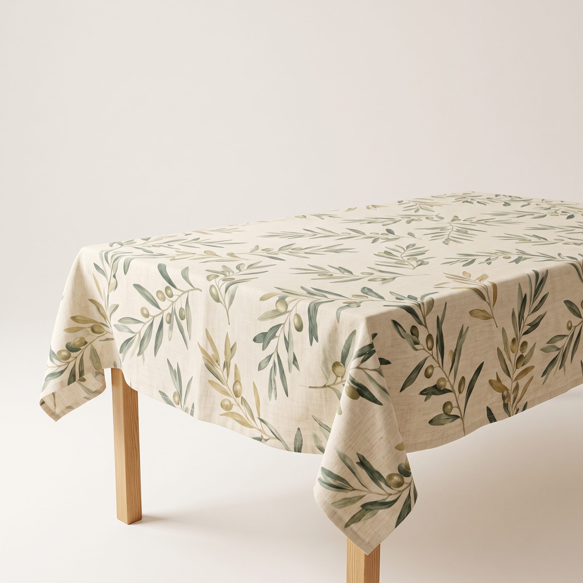 Tischdecke mit Olivenmuster über einem kleinen Holztisch