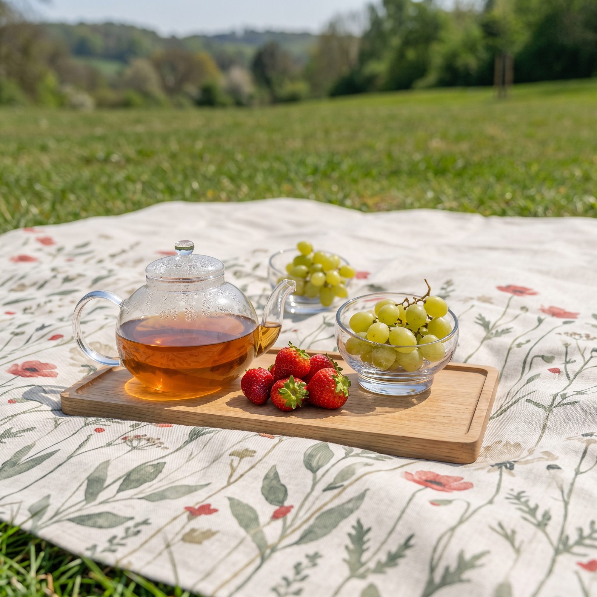 Picknickdecke mit Wiesenblumen-Motiv auf dem Rasen