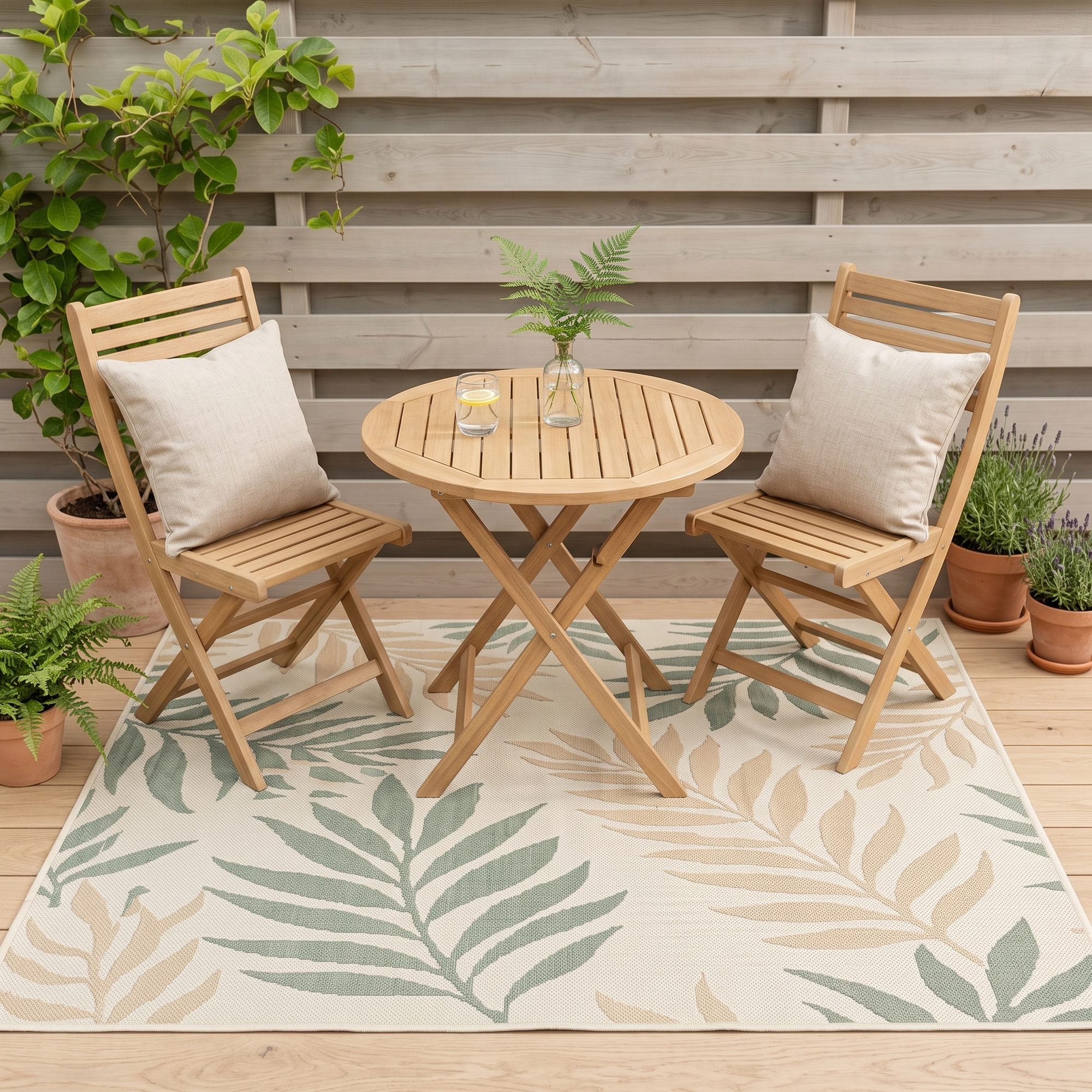 Outdoor-Teppich mit Blattmuster auf der Holzterrasse