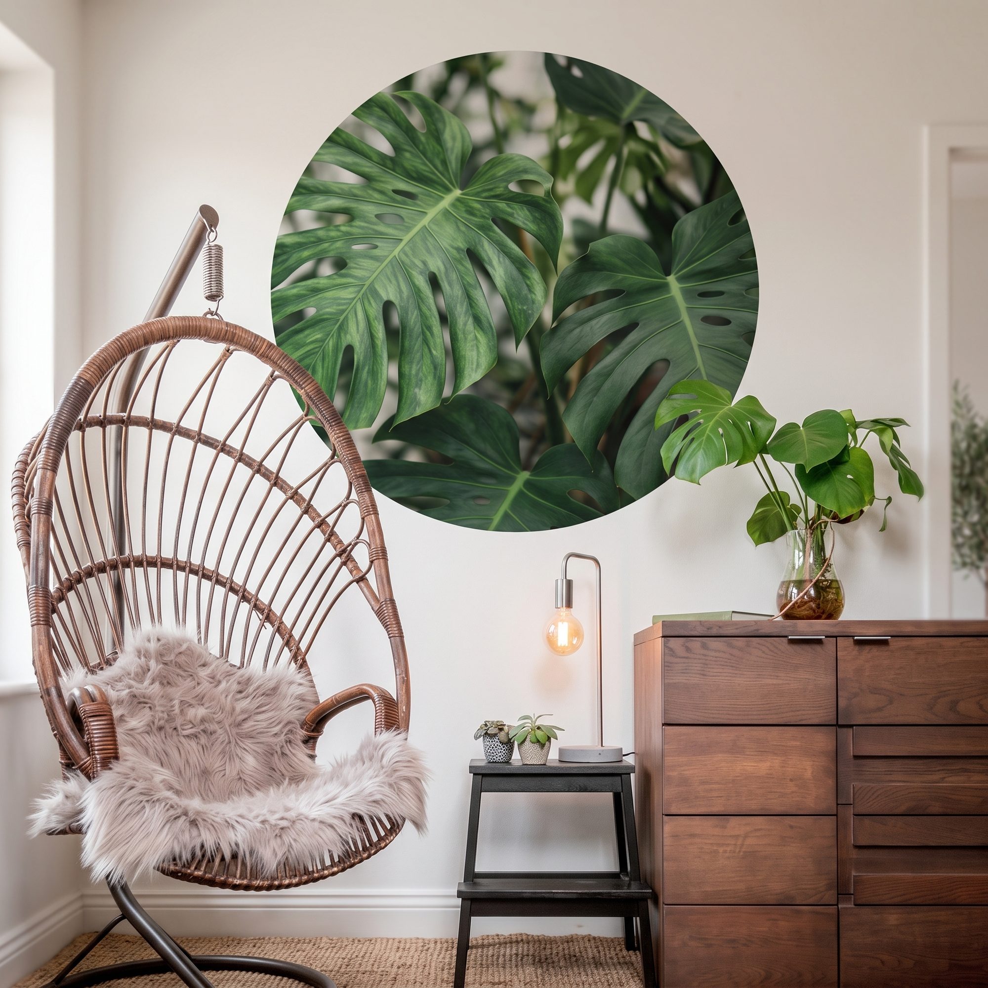 Tapetenkreis mit Monstera-Motiv neben einem Hängesessel