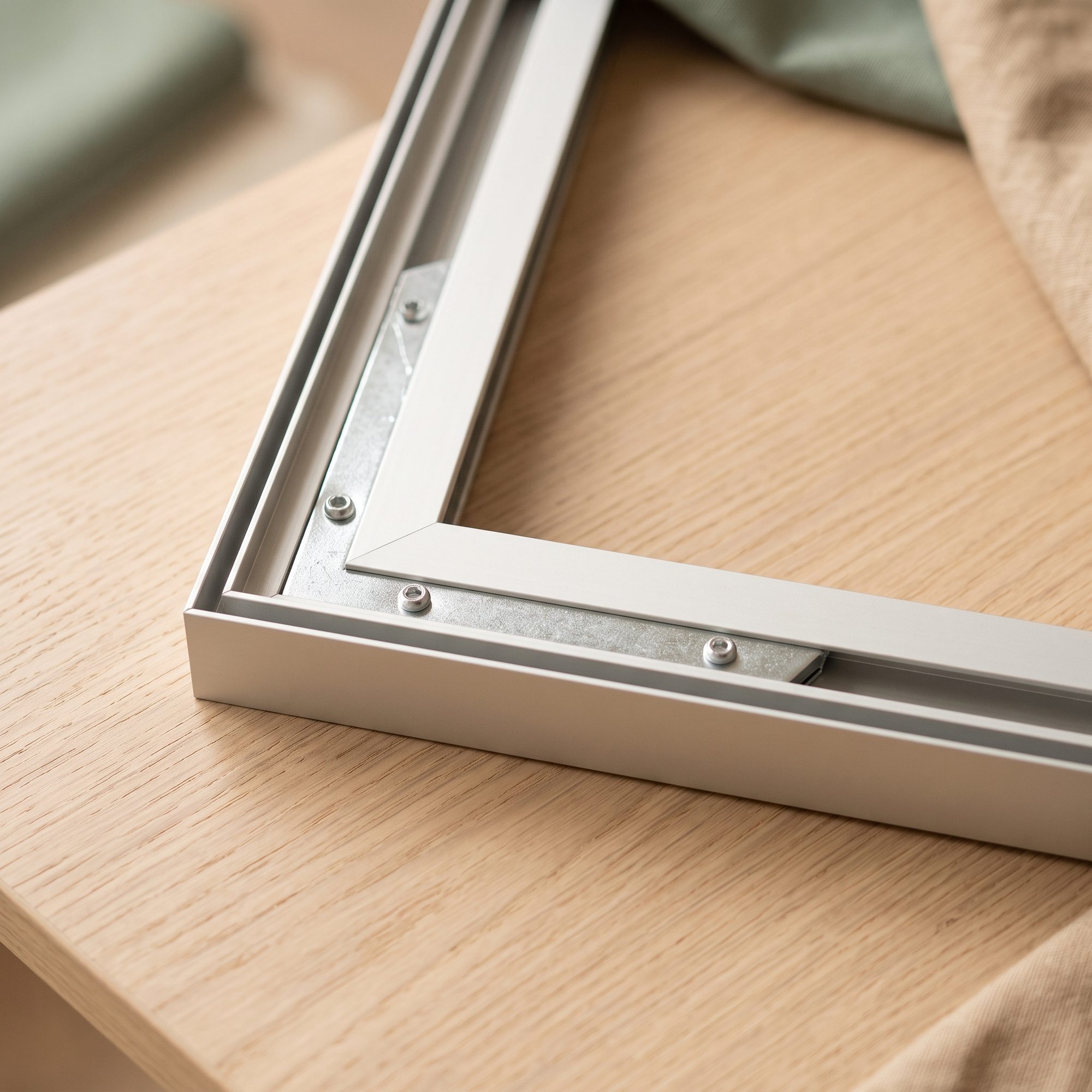 Ecke des schmalen, flachen Aluminiumrahmens