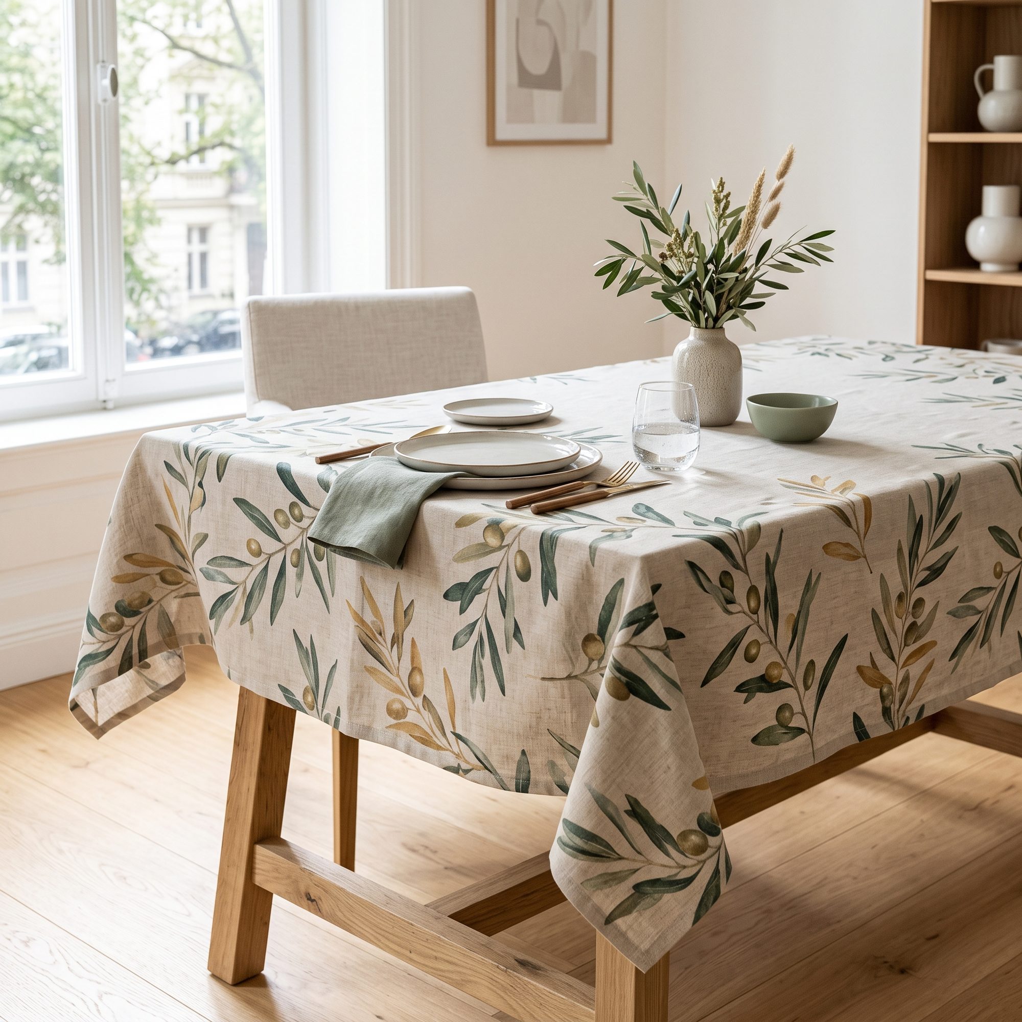 Bedruckte Tischdecke mit Olivenzweig-Motiv auf einem gedeckten Esstisch