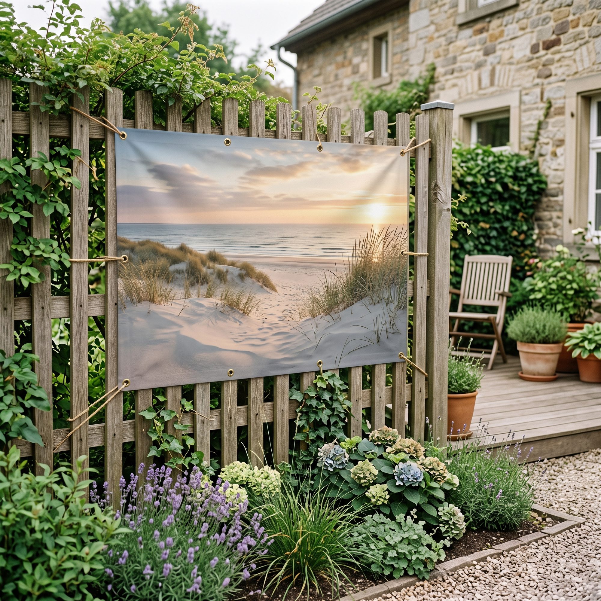 Gartenposter mit Ösen am Holzzaun, Motiv Meer und Dünen im Sonnenaufgang