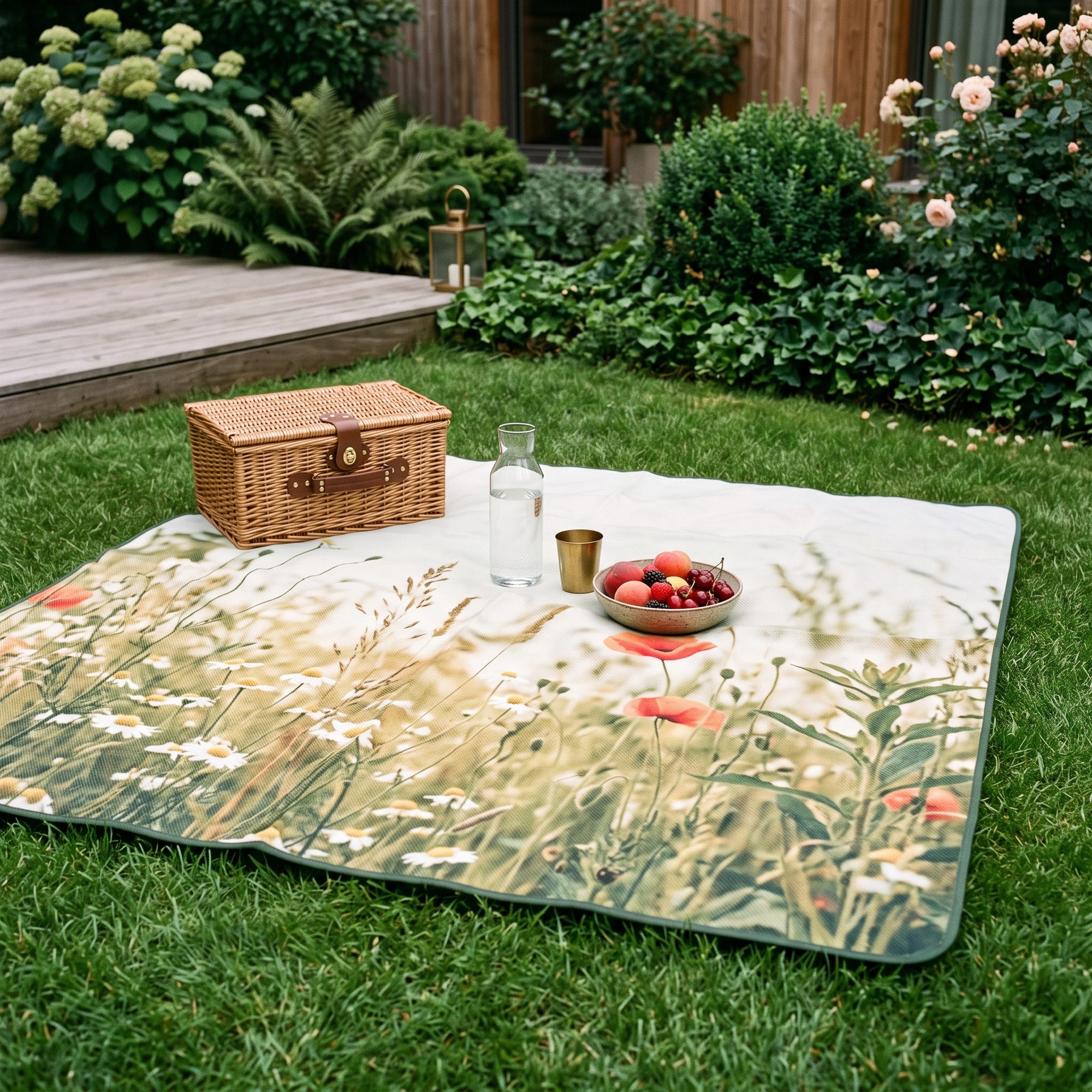 Picknickdecke mit Wiesenblumen-Fotodruck auf dem Rasen mit Picknickkorb