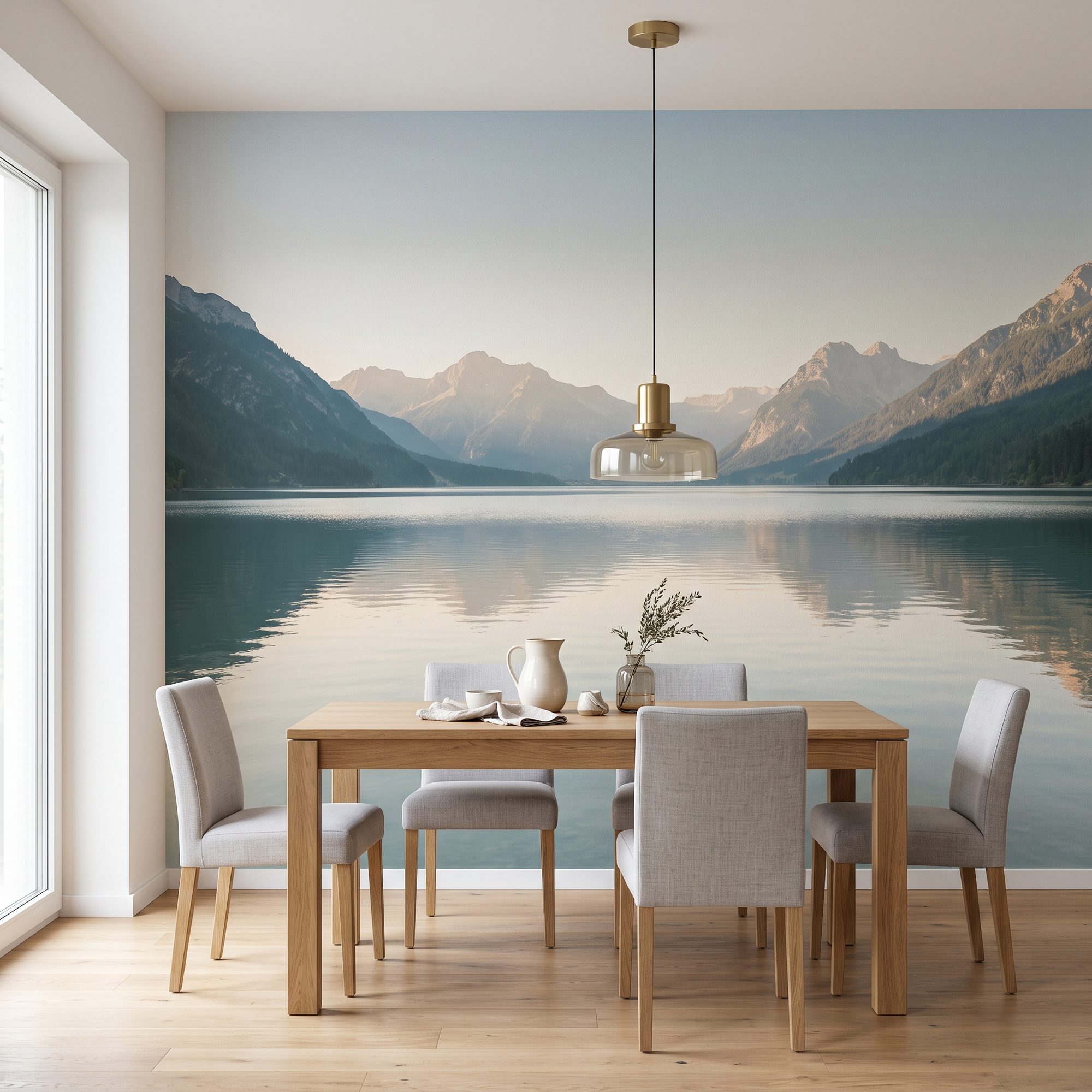 Fototapete nach Maß über die ganze Wand mit Bergsee, davor ein Esstisch