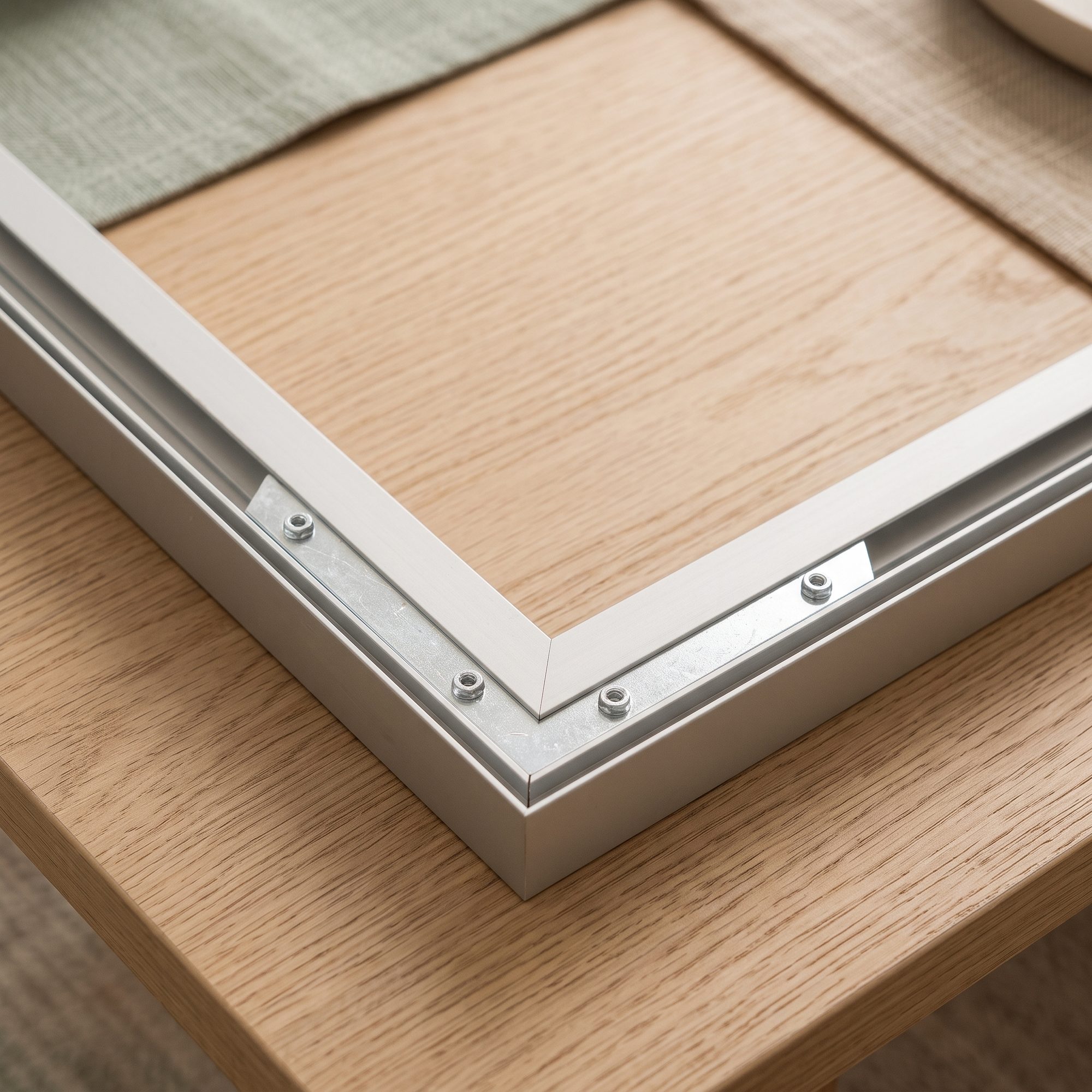 Ecke des silbernen Aluminiumrahmens mit Eckverbindern