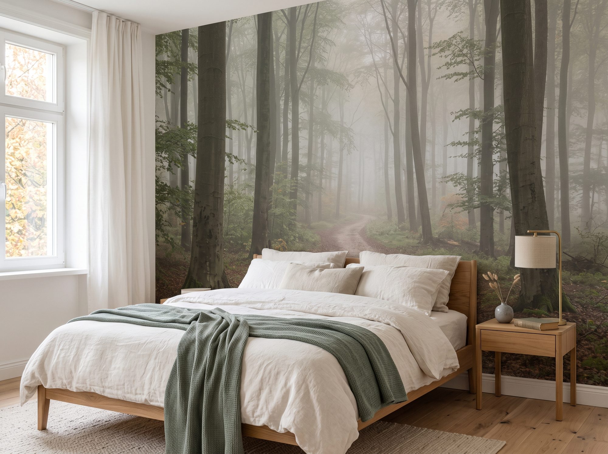 Ruhiges Schlafzimmer mit Fototapete eines nebligen Buchenwaldes hinter dem Bett