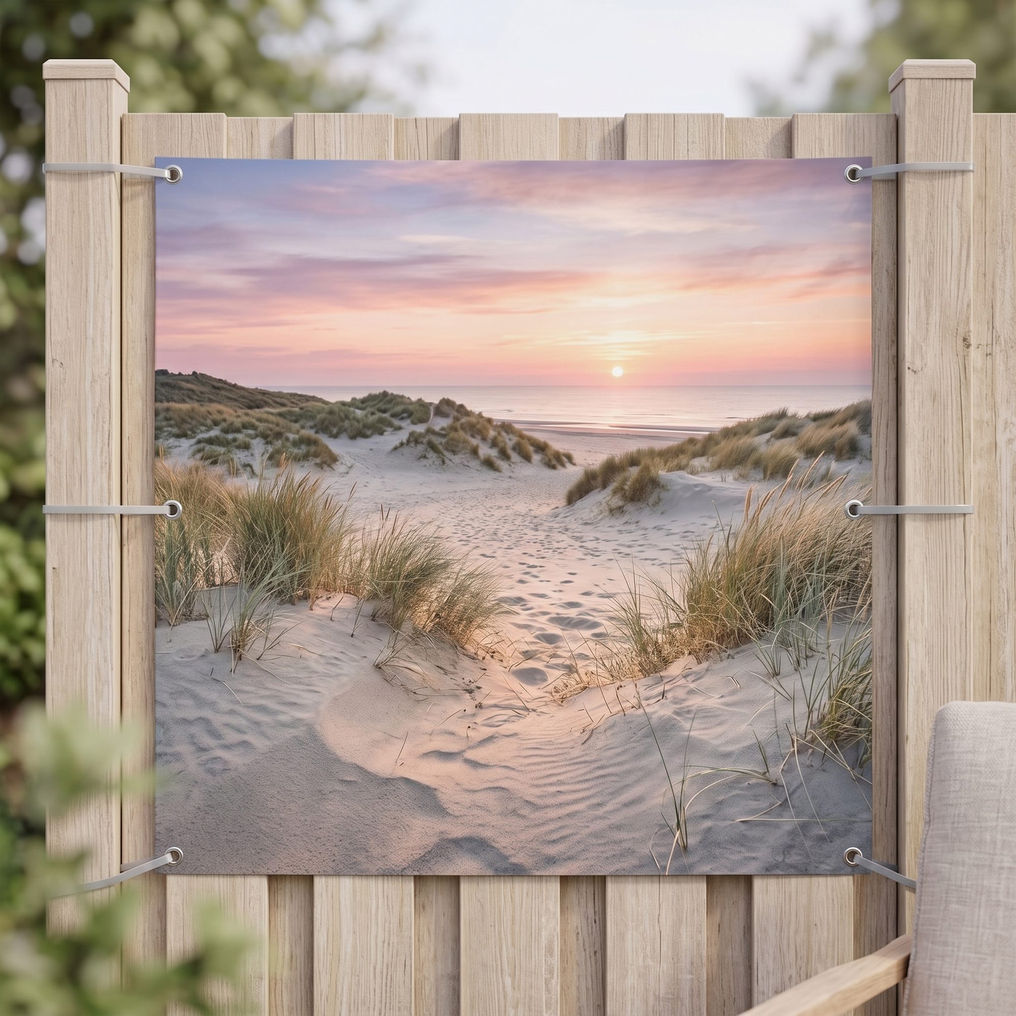 Gartenposter mit Ösen am Holzzaun
