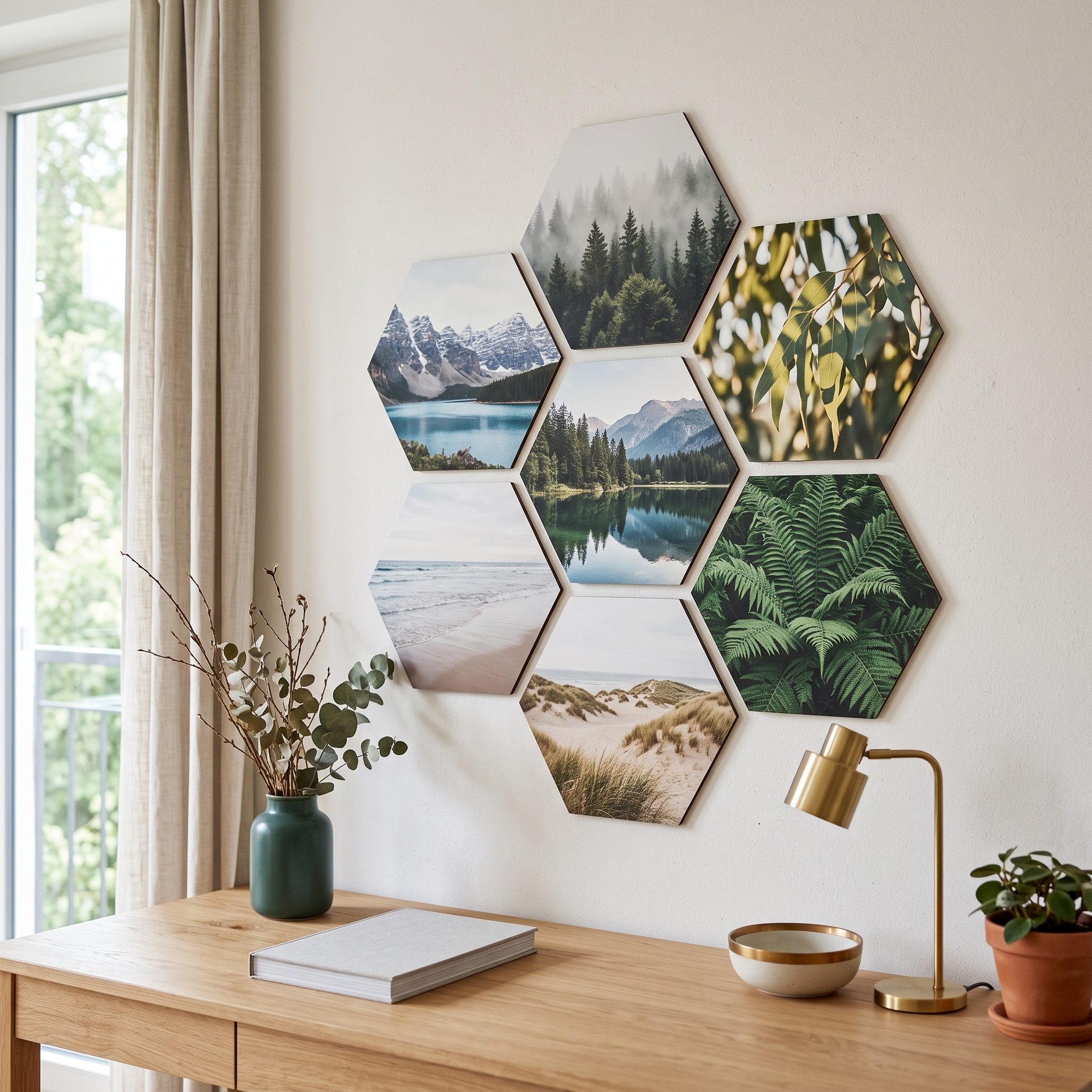 Hexagon-Bilder: sieben sechseckige Fotoplatten mit Naturmotiven als Wabe an der Wand