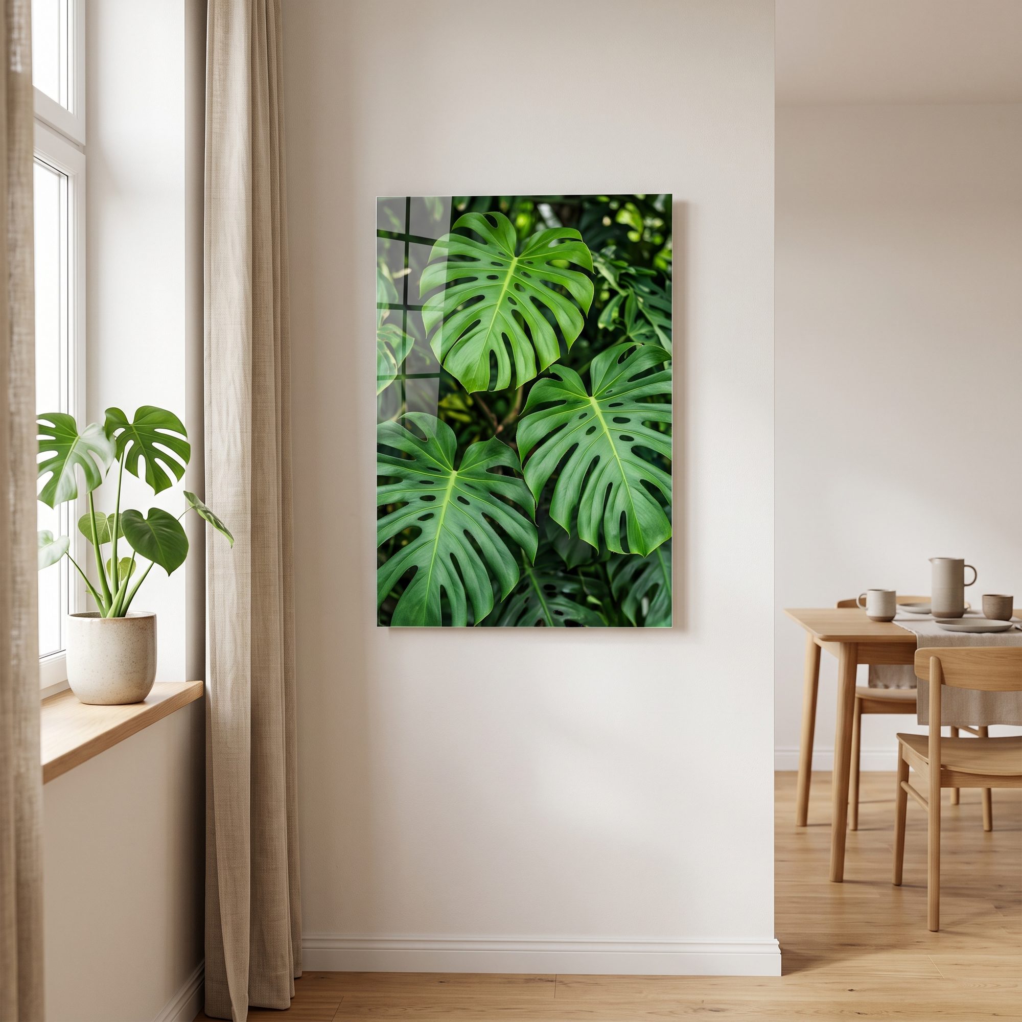 Foto auf Acrylglas mit Monstera-Blättern, glänzende Oberfläche mit Tiefenwirkung