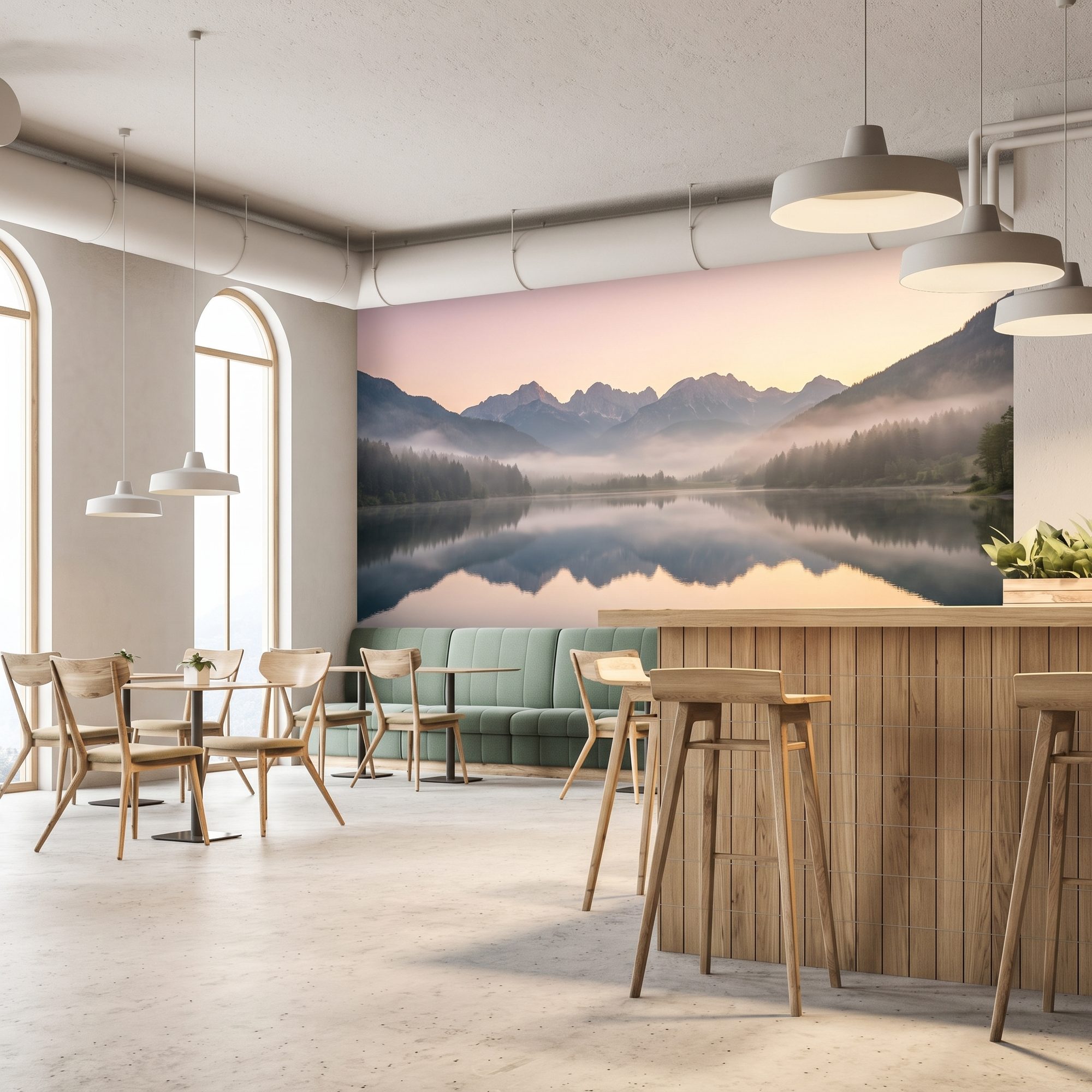 Fototapete mit Bergsee über die ganze Wand im Essbereich