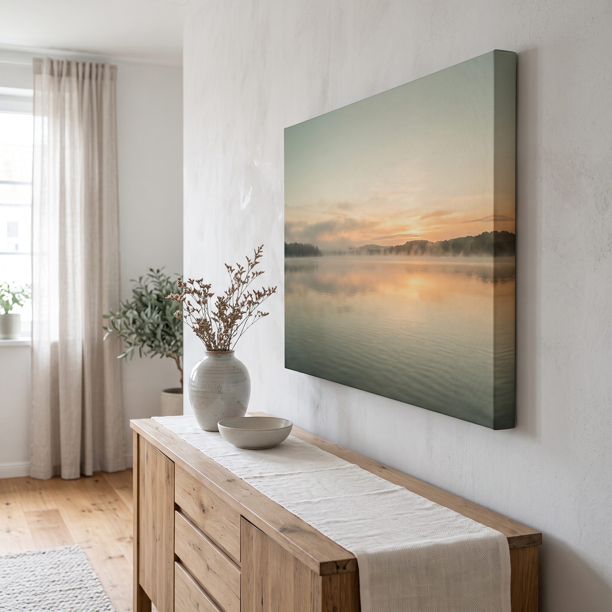 Foto auf Leinwand mit See im Sonnenaufgang, seitlich fotografiert mit umgeschlagener Bildkante