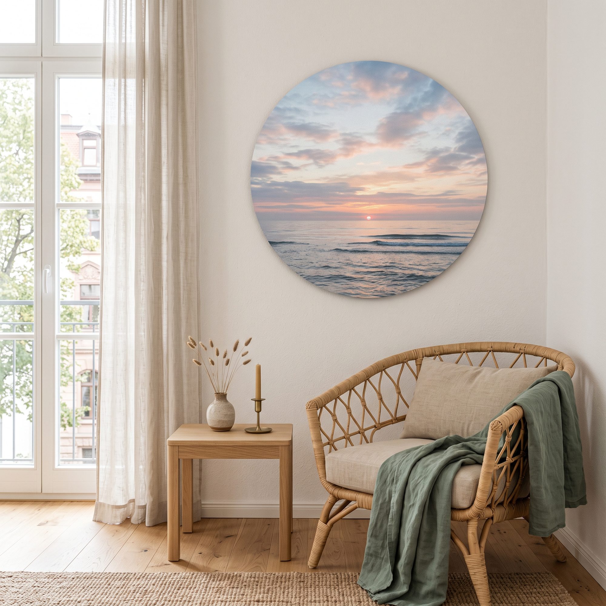 Rundes Wandbild aus Alu-Dibond mit Meereshorizont im Sonnenaufgang über einem Rattansessel