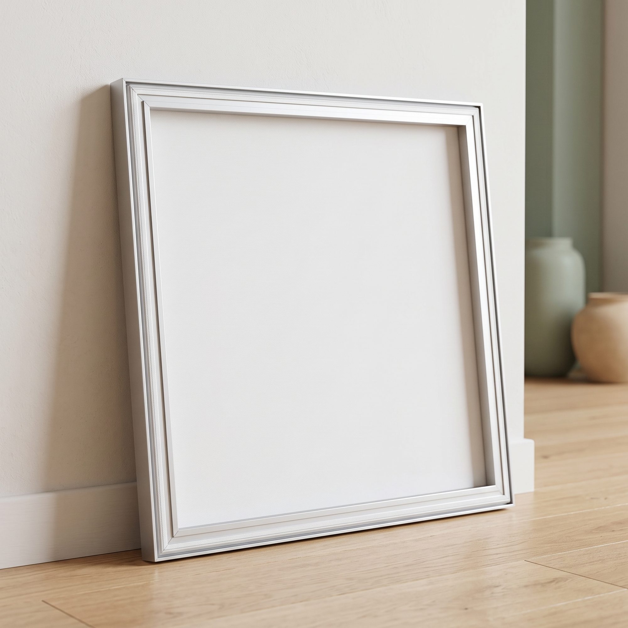 Silberner Aluminiumrahmen für Stoffbilder, an die Wand gelehnt