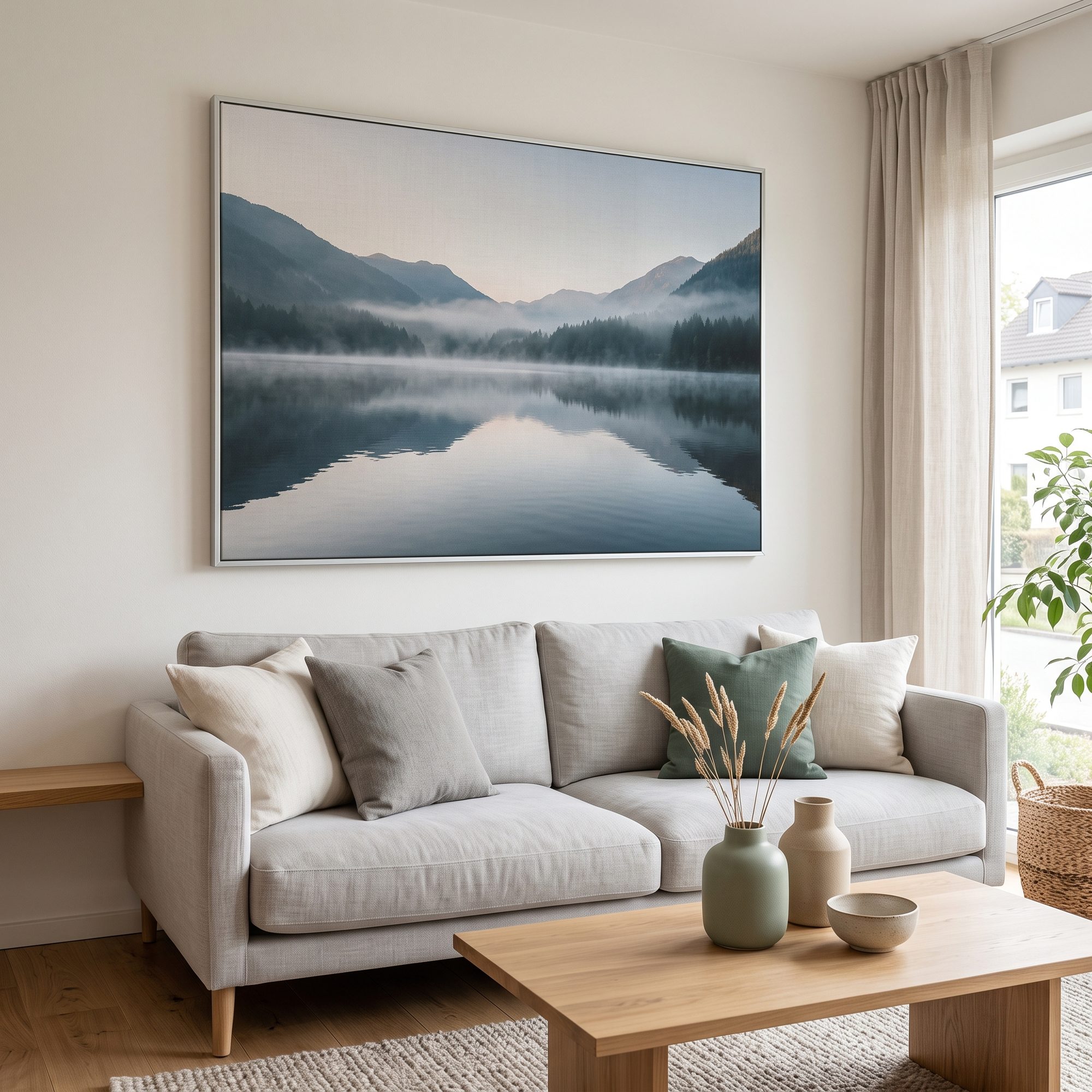 Stoffbild im silbernen Aluminium-Spannrahmen mit Bergsee im Morgennebel über dem Sofa