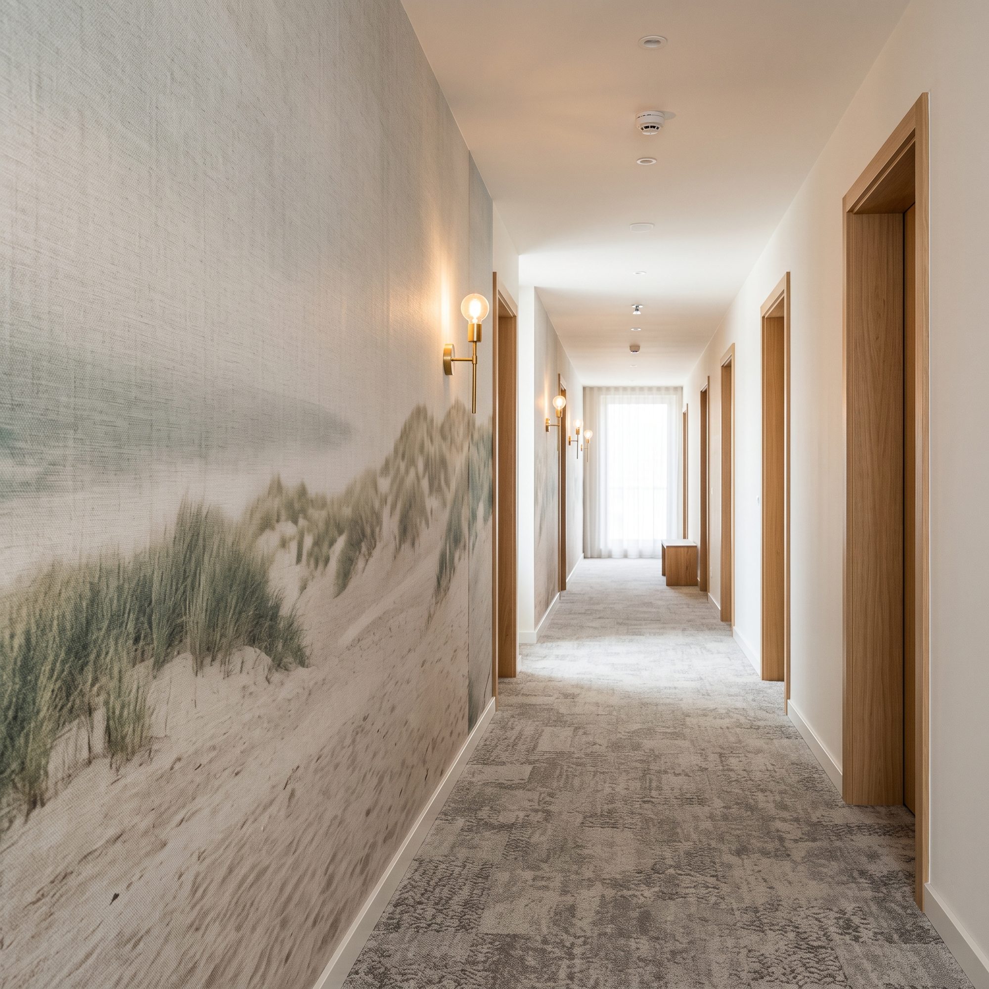 Strapazierfähige Textiltapete mit Dünenpanorama in einem hellen Hotelflur