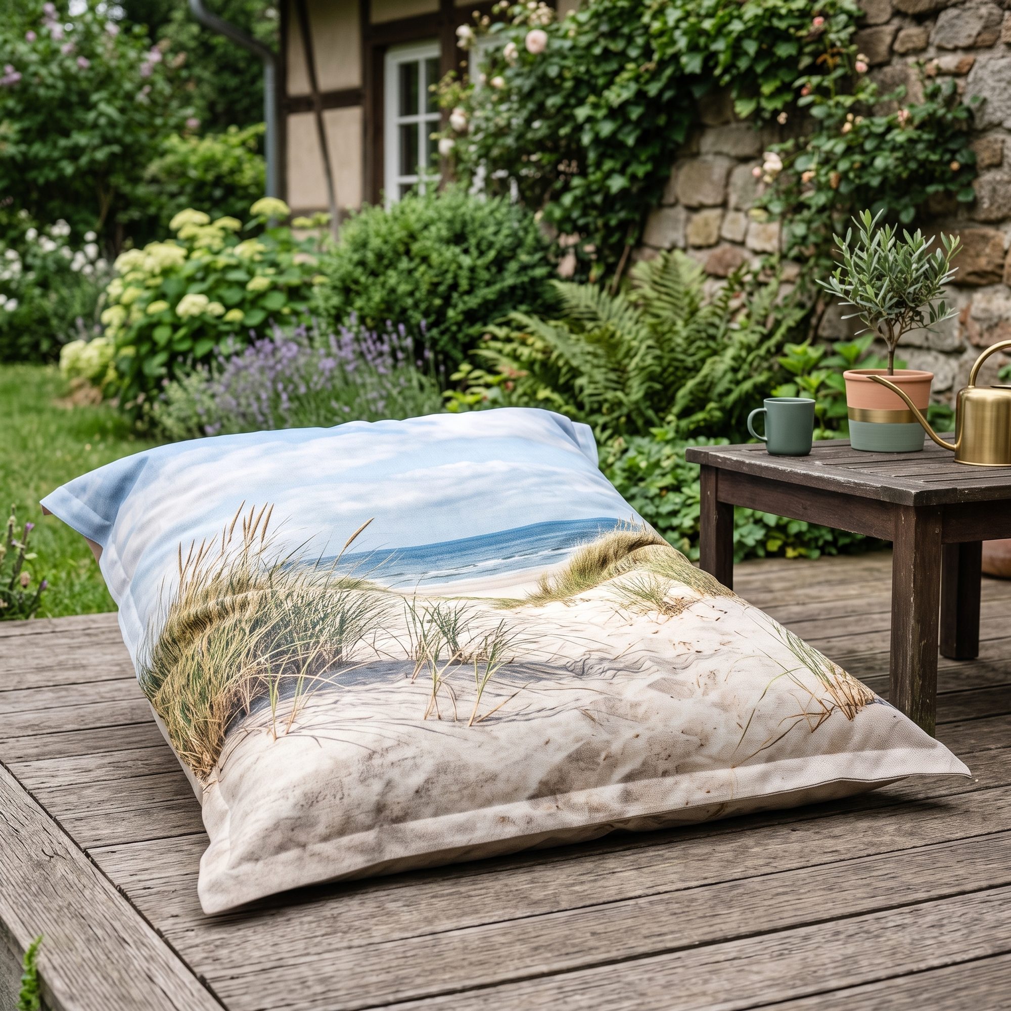 Quadratischer Sitzsack mit Dünen-Fotodruck auf einer Holzterrasse