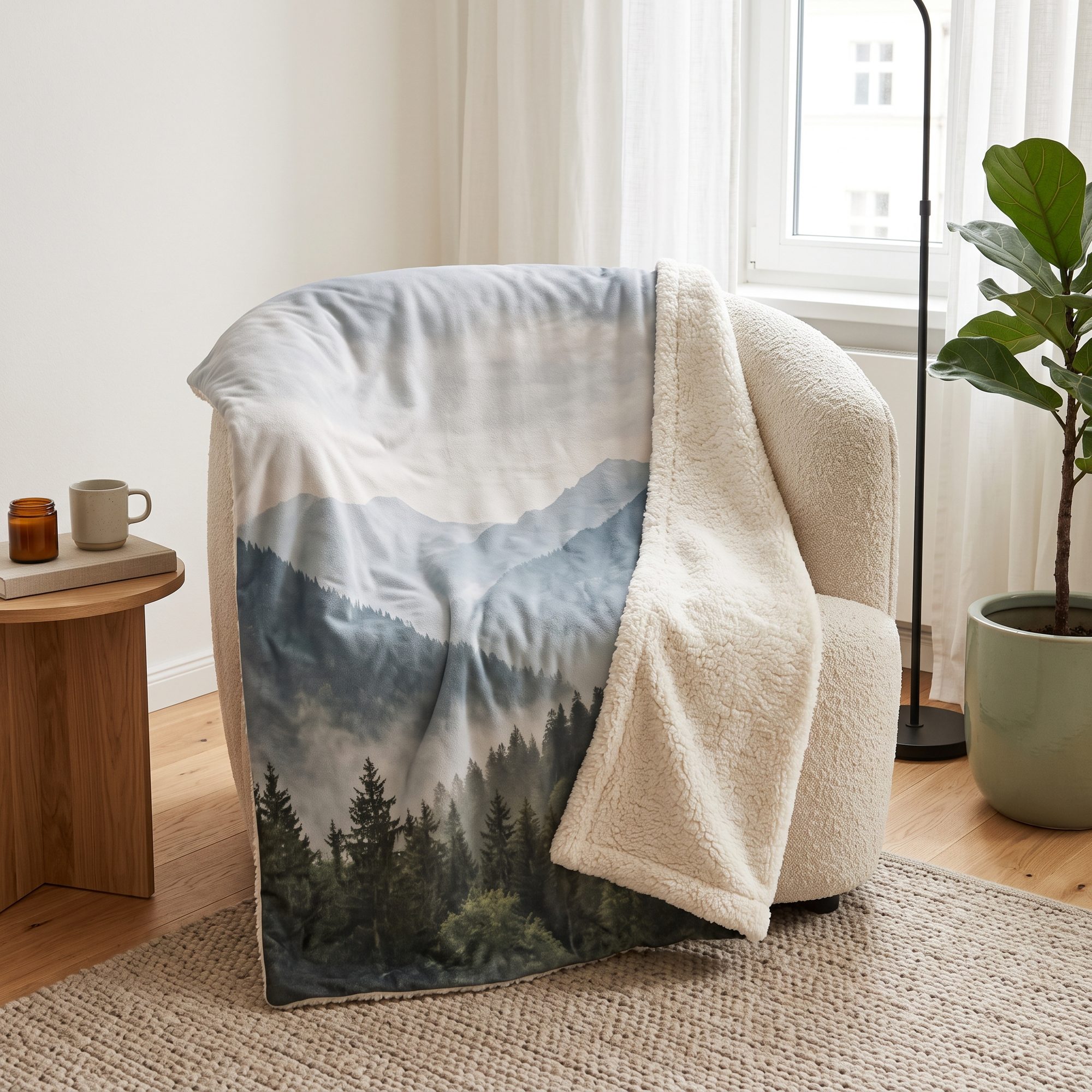 Sherpa-Kuscheldecke mit Bergmotiv über einem Sessel, umgeschlagene Ecke zeigt die weiße Plüschrückseite