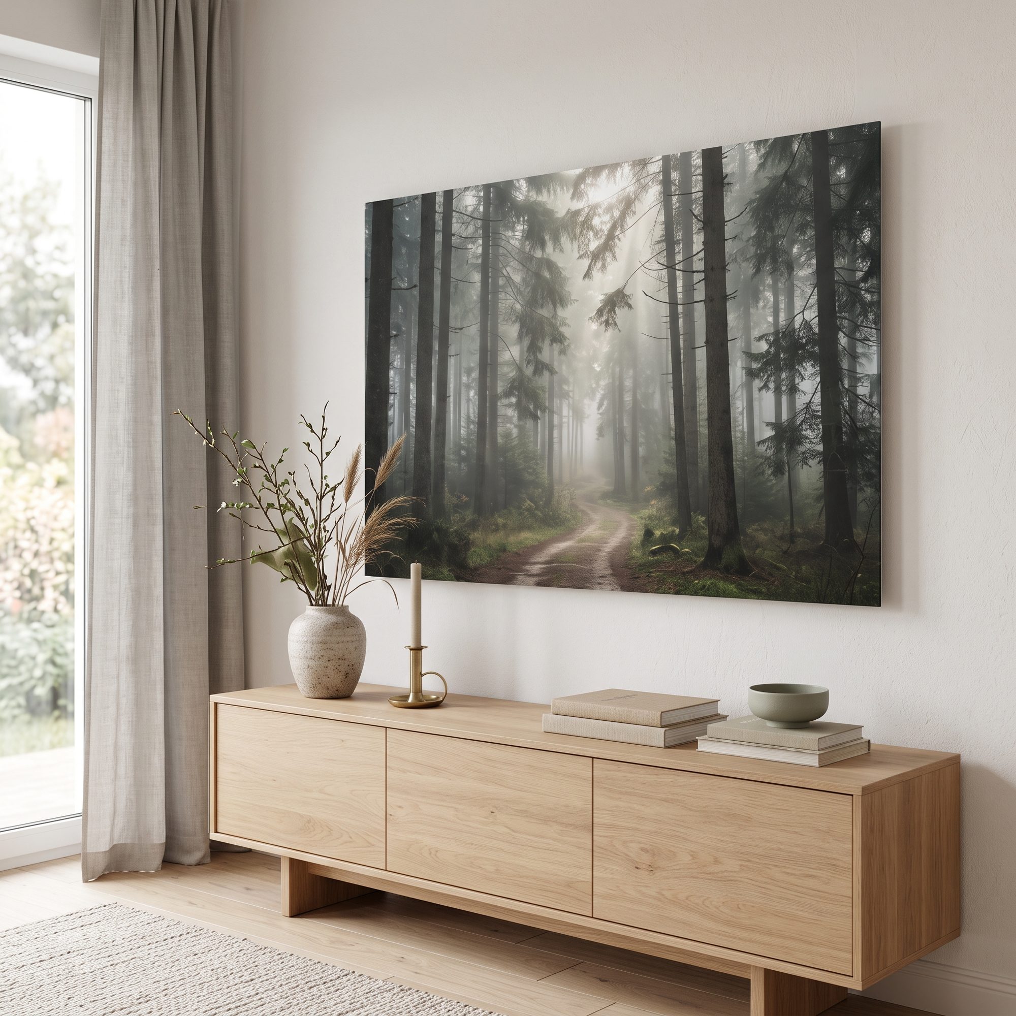 Schwebendes Wandbild mit Nebelwald, unsichtbar aufgehängt mit Schattenfuge zur Wand